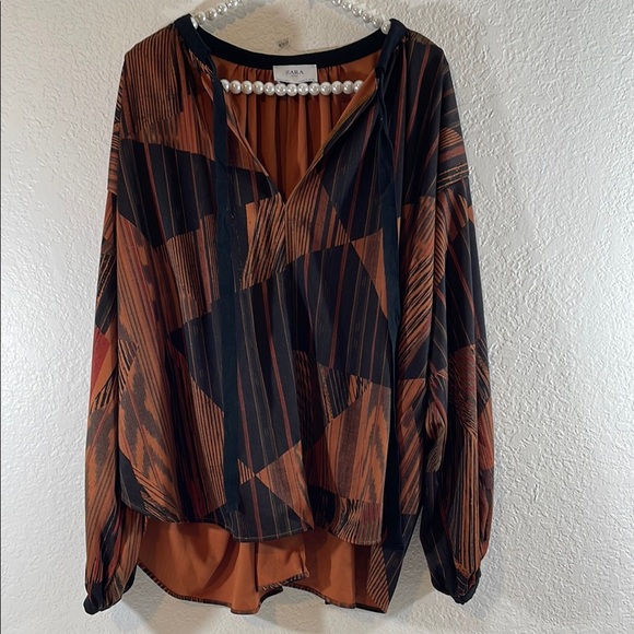 Zara Basic Oversized Blouse Shirt Tunic Boho Brown Geometric Size Small - Picture 2 of 11
